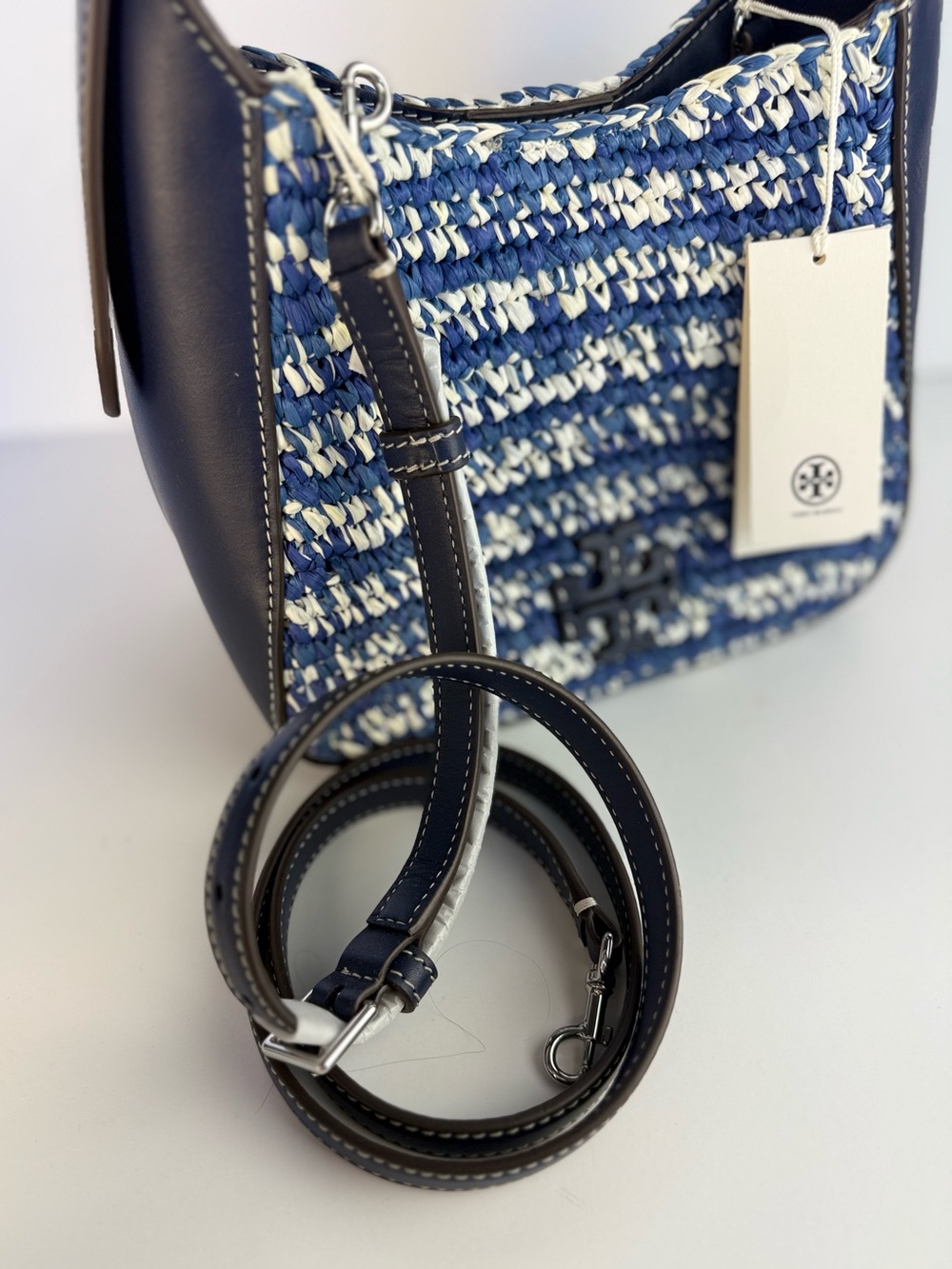 Tory Burch Thea Straw Small Bucket Bag Blue Melange Woven Raffia $458 - Picture 10 of 16